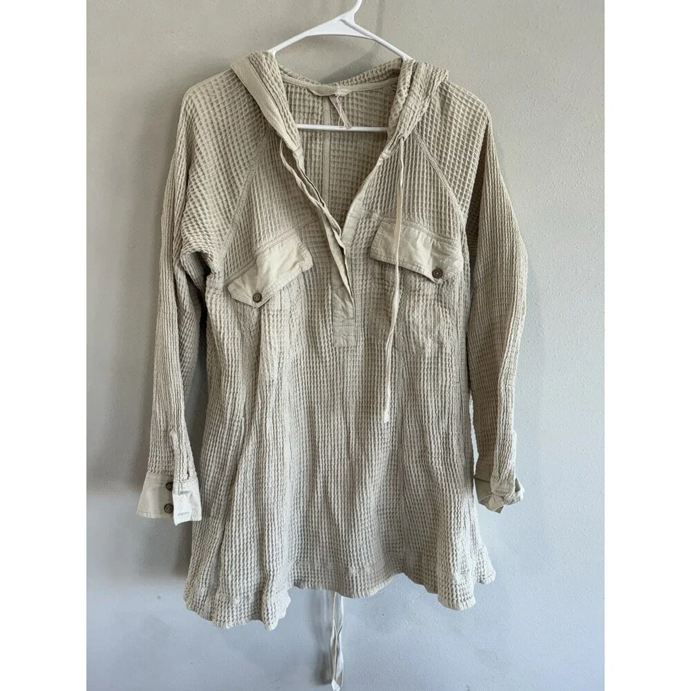 Free People Shirt Womens Small Cream Beige Waffle Knit Button Up Oversized Boho
